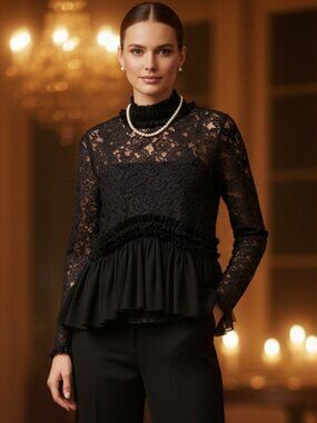 Tuckernuck Myla Lace Blouse XS NWT Black Peplum Ruffle Long Sleeve Keyhole